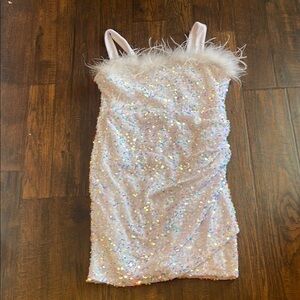 Sequin Dress with Feather Trim